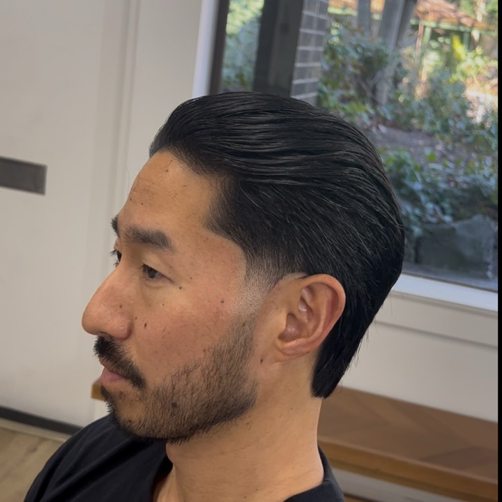 Slick back with a tight beard trim